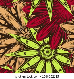 Seamless floral background. Tracery handmade nature ethnic fabric backdrop pattern with flowers. Textile design texture. Decorative color art. Vector