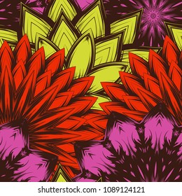 Seamless floral background. Tracery handmade nature ethnic fabric backdrop pattern with flowers. Textile design texture. Decorative color art. Vector