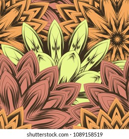 Seamless floral background. Tracery handmade nature ethnic fabric backdrop pattern with flowers. Textile design texture. Decorative color art. Vector