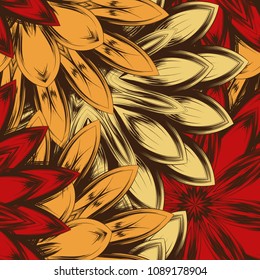 Seamless floral background. Tracery handmade nature ethnic fabric backdrop pattern with flowers. Textile design texture. Decorative color art. Vector