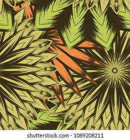 Seamless floral background. Tracery handmade nature ethnic fabric backdrop pattern with flowers. Textile design texture. Decorative color art. Vector