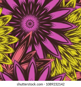 Seamless floral background. Tracery handmade nature ethnic fabric backdrop pattern with flowers. Textile design texture. Decorative color art. Vector