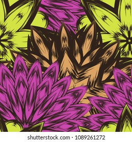 Seamless floral background. Tracery handmade nature ethnic fabric backdrop pattern with flowers. Textile design texture. Decorative color art. Vector
