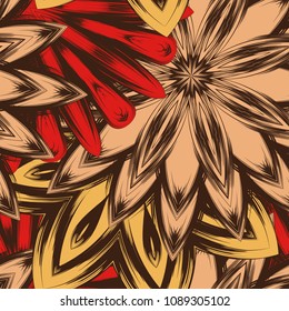 Seamless floral background. Tracery handmade nature ethnic fabric backdrop pattern with flowers. Textile design texture. Decorative color art. Vector