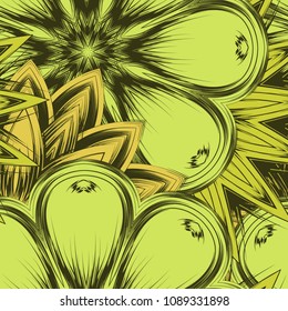 Seamless floral background. Tracery handmade nature ethnic fabric backdrop pattern with flowers. Textile design texture. Decorative color art. Vector