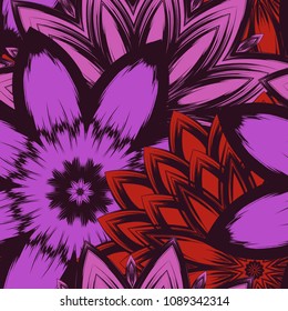 Seamless floral background. Tracery handmade nature ethnic fabric backdrop pattern with flowers. Textile design texture. Decorative color art. Vector