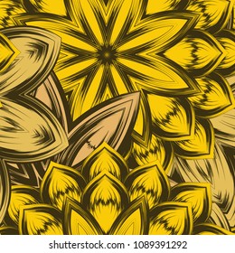 Seamless floral background. Tracery handmade nature ethnic fabric backdrop pattern with flowers. Textile design texture. Decorative color art. Vector