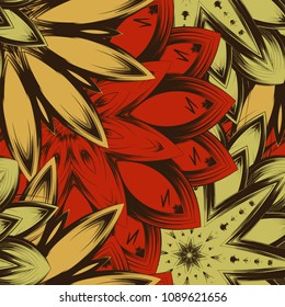 Seamless floral background. Tracery handmade nature ethnic fabric backdrop pattern with flowers. Textile design texture. Decorative color art. Vector