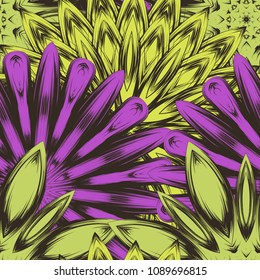 Seamless floral background. Tracery handmade nature ethnic fabric backdrop pattern with flowers. Textile design texture. Decorative color art. Vector