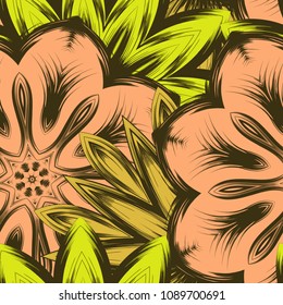 Seamless floral background. Tracery handmade nature ethnic fabric backdrop pattern with flowers. Textile design texture. Decorative color art. Vector