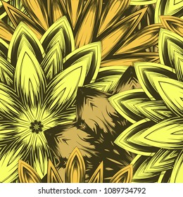 Seamless floral background. Tracery handmade nature ethnic fabric backdrop pattern with flowers. Textile design texture. Decorative color art. Vector