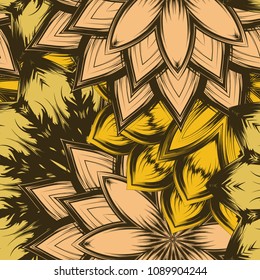 Seamless floral background. Tracery handmade nature ethnic fabric backdrop pattern with flowers. Textile design texture. Decorative color art. Vector