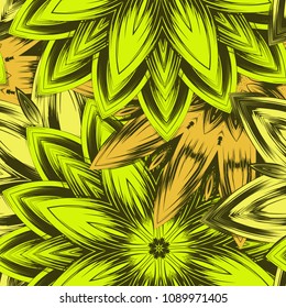 Seamless floral background. Tracery handmade nature ethnic fabric backdrop pattern with flowers. Textile design texture. Decorative color art. Vector