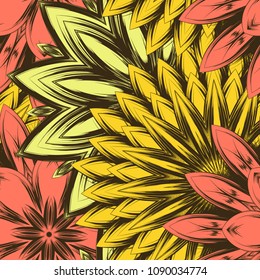 Seamless floral background. Tracery handmade nature ethnic fabric backdrop pattern with flowers. Textile design texture. Decorative color art. Vector