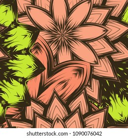 Seamless floral background. Tracery handmade nature ethnic fabric backdrop pattern with flowers. Textile design texture. Decorative color art. Vector