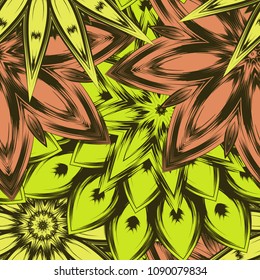 Seamless floral background. Tracery handmade nature ethnic fabric backdrop pattern with flowers. Textile design texture. Decorative color art. Vector