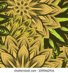 Seamless floral background. Tracery handmade nature ethnic fabric backdrop pattern with flowers. Textile design texture. Decorative color art. Vector