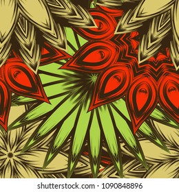 Seamless floral background. Tracery handmade nature ethnic fabric backdrop pattern with flowers. Textile design texture. Decorative color art. Vector