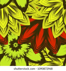 Seamless floral background. Tracery handmade nature ethnic fabric backdrop pattern with flowers. Textile design texture. Decorative color art. Vector