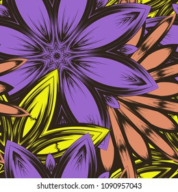 Seamless floral background. Tracery handmade nature ethnic fabric backdrop pattern with flowers. Textile design texture. Decorative color art. Vector
