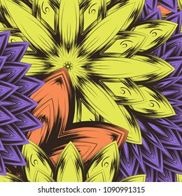 Seamless floral background. Tracery handmade nature ethnic fabric backdrop pattern with flowers. Textile design texture. Decorative color art. Vector