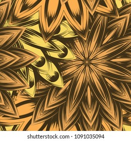 Seamless floral background. Tracery handmade nature ethnic fabric backdrop pattern with flowers. Textile design texture. Decorative color art. Vector