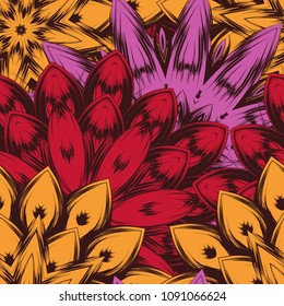Seamless floral background. Tracery handmade nature ethnic fabric backdrop pattern with flowers. Textile design texture. Decorative color art. Vector