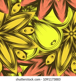 Seamless floral background. Tracery handmade nature ethnic fabric backdrop pattern with flowers. Textile design texture. Decorative color art. Vector