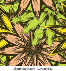 Seamless floral background. Tracery handmade nature ethnic fabric backdrop pattern with flowers. Textile design texture. Decorative color art. Vector