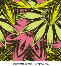 Seamless floral background. Tracery handmade nature ethnic fabric backdrop pattern with flowers. Textile design texture. Decorative color art. Vector