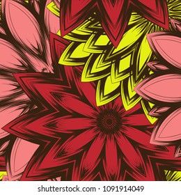 Seamless floral background. Tracery handmade nature ethnic fabric backdrop pattern with flowers. Textile design texture. Decorative color art. Vector