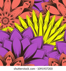 Seamless floral background. Tracery handmade nature ethnic fabric backdrop pattern with flowers. Textile design texture. Decorative color art. Vector