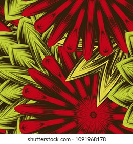 Seamless floral background. Tracery handmade nature ethnic fabric backdrop pattern with flowers. Textile design texture. Decorative color art. Vector