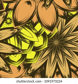 Seamless floral background. Tracery handmade nature ethnic fabric backdrop pattern with flowers. Textile design texture. Decorative color art. Vector