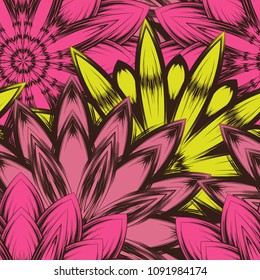 Seamless floral background. Tracery handmade nature ethnic fabric backdrop pattern with flowers. Textile design texture. Decorative color art. Vector