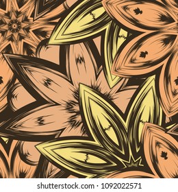 Seamless floral background. Tracery handmade nature ethnic fabric backdrop pattern with flowers. Textile design texture. Decorative color art. Vector