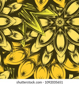 Seamless floral background. Tracery handmade nature ethnic fabric backdrop pattern with flowers. Textile design texture. Decorative color art. Vector