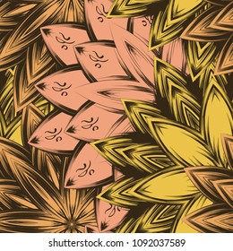 Seamless floral background. Tracery handmade nature ethnic fabric backdrop pattern with flowers. Textile design texture. Decorative color art. Vector
