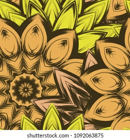 Seamless floral background. Tracery handmade nature ethnic fabric backdrop pattern with flowers. Textile design texture. Decorative color art. Vector
