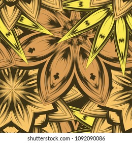 Seamless floral background. Tracery handmade nature ethnic fabric backdrop pattern with flowers. Textile design texture. Decorative color art. Vector