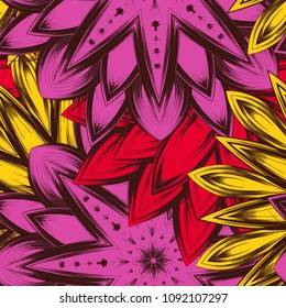 Seamless floral background. Tracery handmade nature ethnic fabric backdrop pattern with flowers. Textile design texture. Decorative color art. Vector