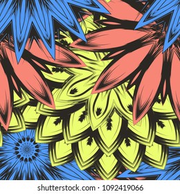 Seamless floral background. Tracery handmade nature ethnic fabric backdrop pattern with flowers. Textile design texture. Decorative color art. Vector