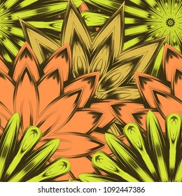 Seamless floral background. Tracery handmade nature ethnic fabric backdrop pattern with flowers. Textile design texture. Decorative color art. Vector