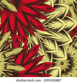 Seamless floral background. Tracery handmade nature ethnic fabric backdrop pattern with flowers. Textile design texture. Decorative color art. Vector