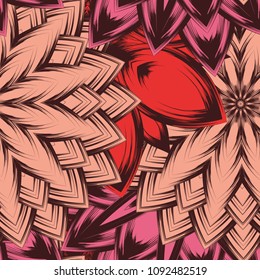 Seamless floral background. Tracery handmade nature ethnic fabric backdrop pattern with flowers. Textile design texture. Decorative color art. Vector