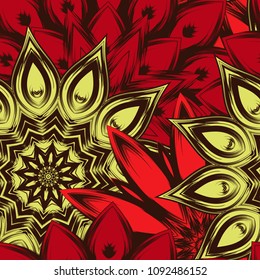 Seamless floral background. Tracery handmade nature ethnic fabric backdrop pattern with flowers. Textile design texture. Decorative color art. Vector
