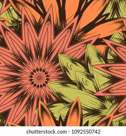 Seamless floral background. Tracery handmade nature ethnic fabric backdrop pattern with flowers. Textile design texture. Decorative color art. Vector