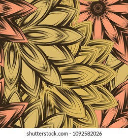 Seamless floral background. Tracery handmade nature ethnic fabric backdrop pattern with flowers. Textile design texture. Decorative color art. Vector