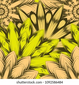 Seamless floral background. Tracery handmade nature ethnic fabric backdrop pattern with flowers. Textile design texture. Decorative color art. Vector