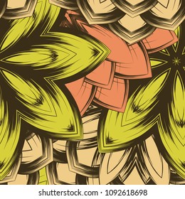 Seamless floral background. Tracery handmade nature ethnic fabric backdrop pattern with flowers. Textile design texture. Decorative color art. Vector